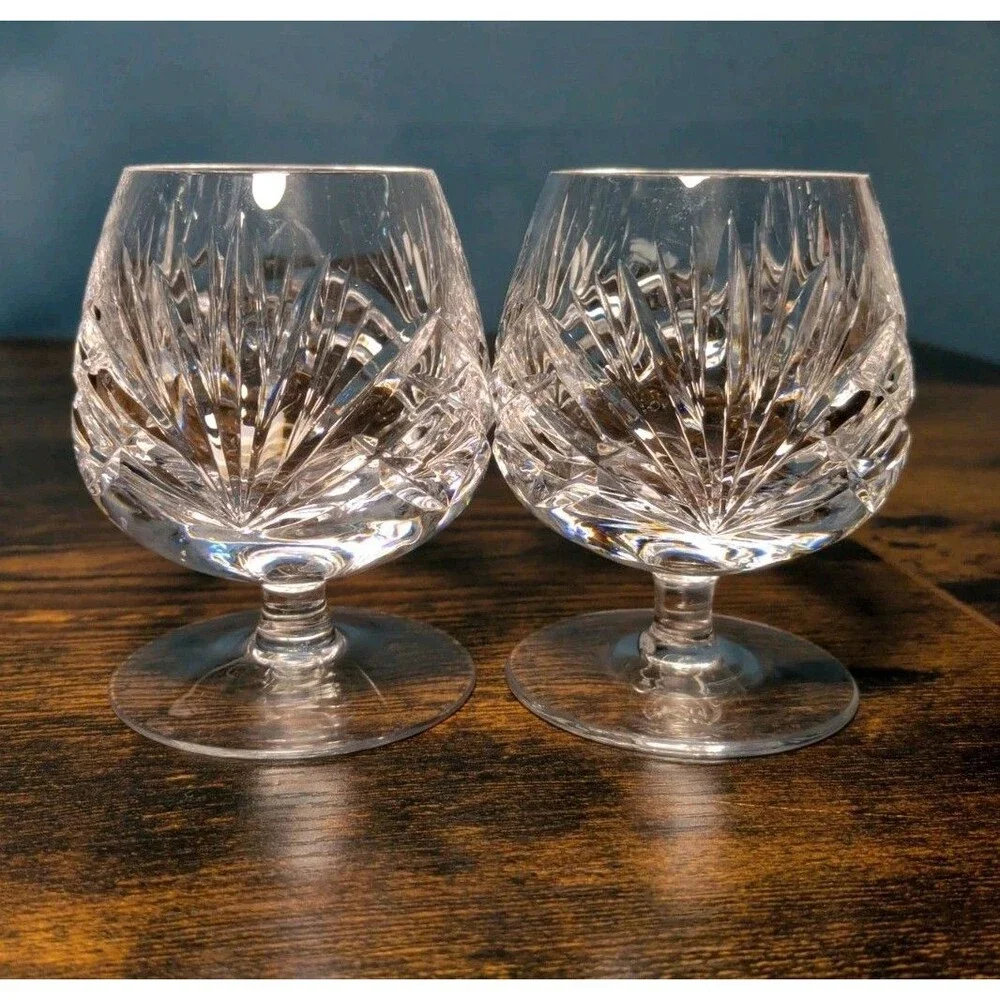 2 Crystal Cut Criss Cross Fan Cherrywood Pattern Brandy Glass Snifter Beautiful